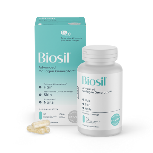 Biosil Collagen Generator, 30 vegan capsules, front of box and bottle