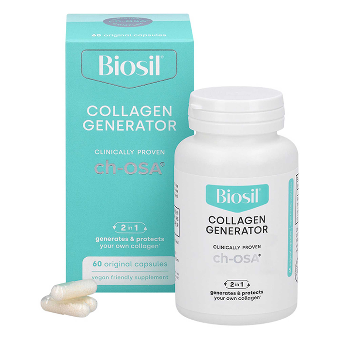 Biosil Collagen Generator, 60 vegan capsules, front of box and bottle