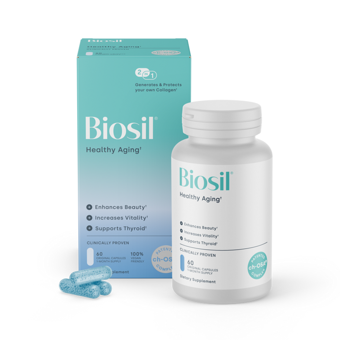 Biosil Healthy Aging, 60 capsules, front of box and bottle