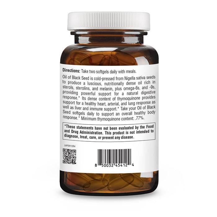 Back view of an amber plastic bottle of softgels with a white ribbed cap, showing the product directions and barcode label on a plain white background.