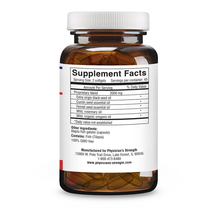 An amber plastic supplement bottle with a white ribbed cap, showing a white Supplement Facts label. The label lists ingredients such as proprietary blend, extra virgin black seed oil, cumin seed essential oil, and wild rosemary oil.