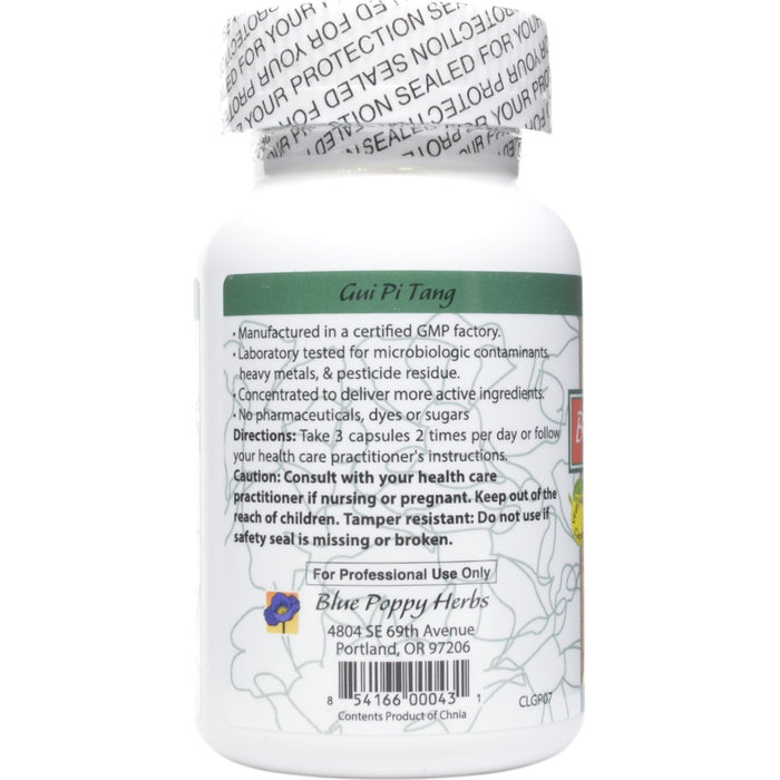 Blue Poppy Gui Pi Tang 120 capsules directions label