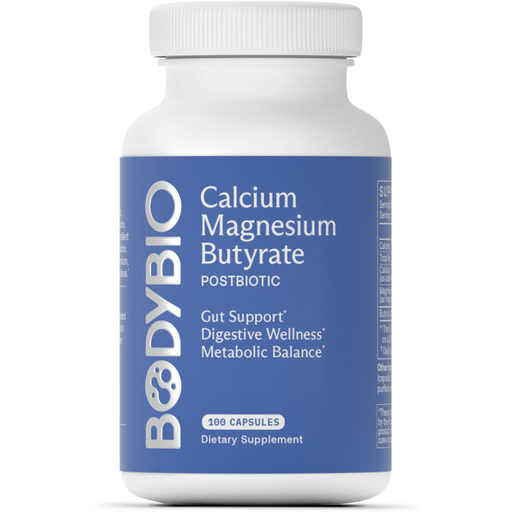 BodyBio Calcium Magnesium Butyrate, 100 capsules, front of bottle