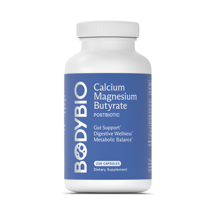 BodyBio Calcium Magnesium Butyrate, 250 capsules, front of bottle