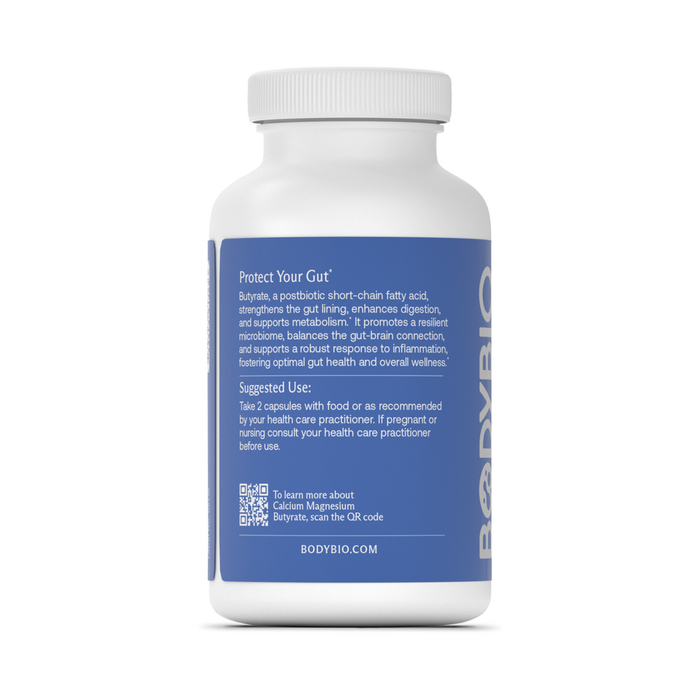 BodyBio Calcium Magnesium Butyrate 250 capsules suggested use label