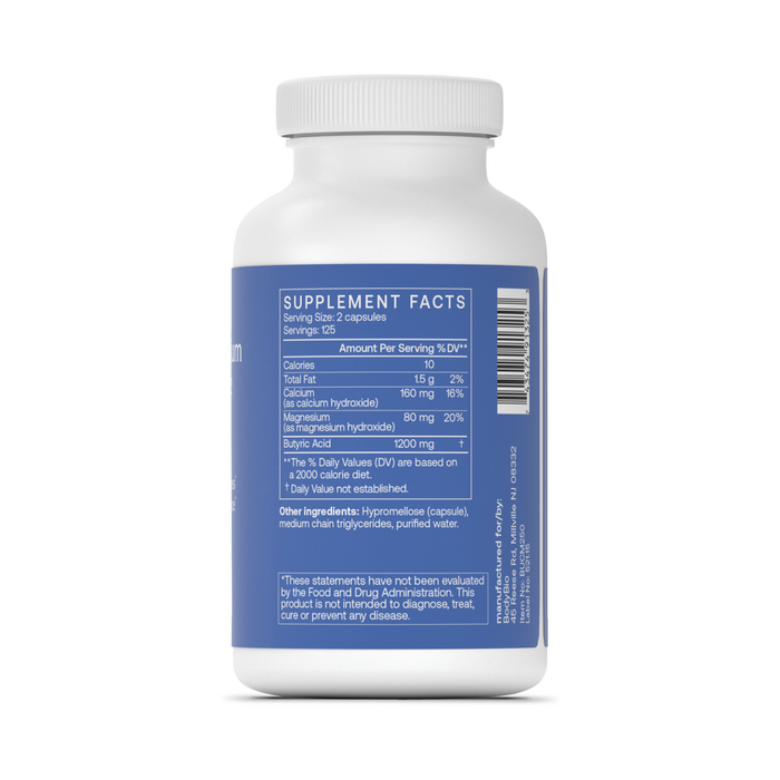 BodyBio Calcium Magnesium Butyrate 250 capsules supplement facts label