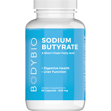 BodyBio Sodium Butyrate 600 mg, 60 capsules, front of bottle