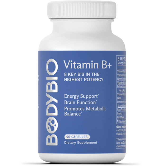 BodyBio Vitamin B+, 90 capsules, front of bottle