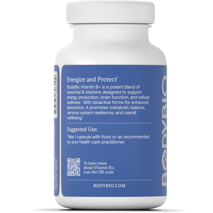 BodyBio Vitamin B+ 90 capsules suggested use label