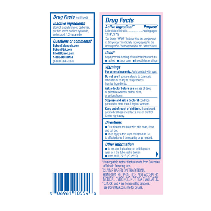 Boiron Calendula Gel 2.6 oz drug facts label