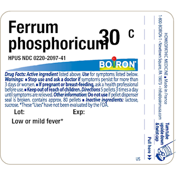 Boiron Ferrum phosphoricum 30C 80 pellets full label