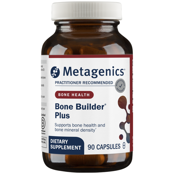 A bottle of Metagenics Bone Builder Plus dietary supplement with 180 capsules, labeled for supporting bone health.