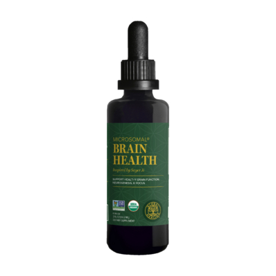 Bottle of MacDonald Brain Health supplement on a white background