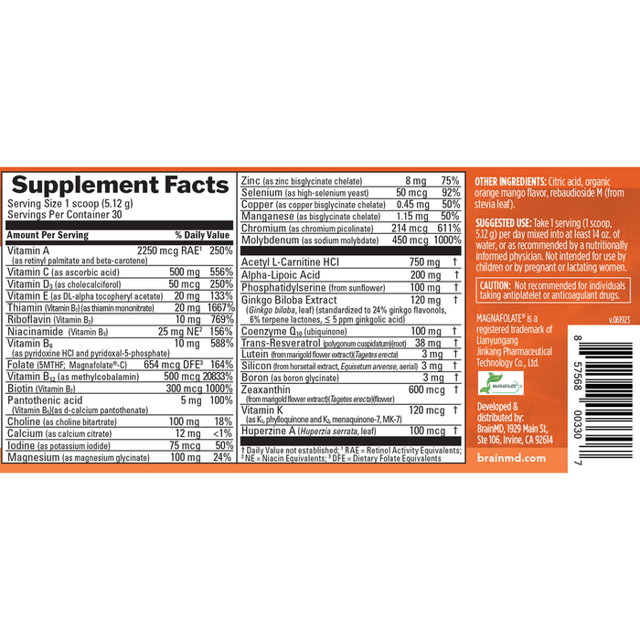 BrainMD Bright Minds Memory Multi 5.4 oz supplement facts label