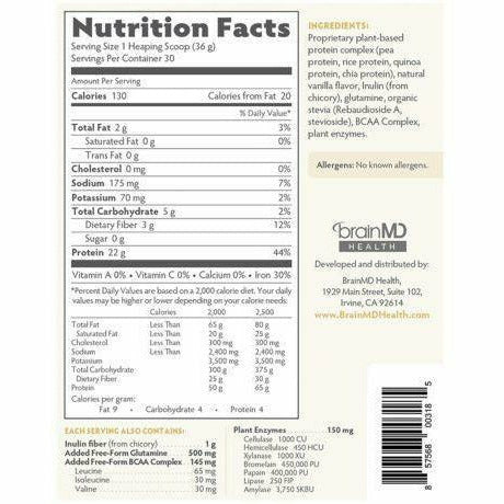 BrainMD OMNI Protein Powder Vanilla 2.38 lb nutrition facts label