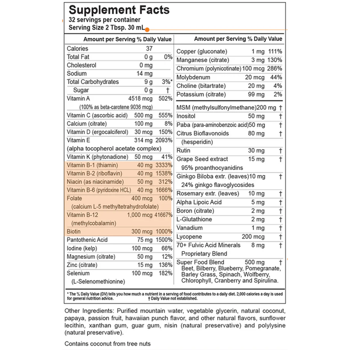 Buried Treasure Active 55 Plus, Passion Berry 33 fl oz supplement facts label