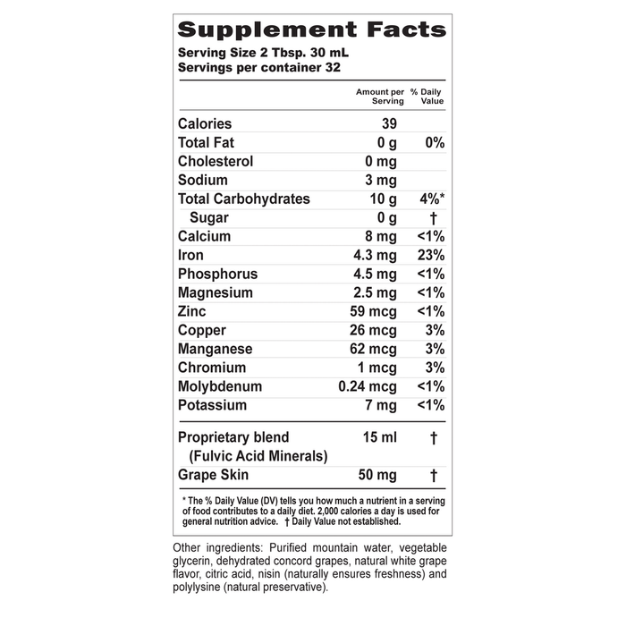Buried Treasure Fulvic Minerals Grape 33 fl oz supplement facts label