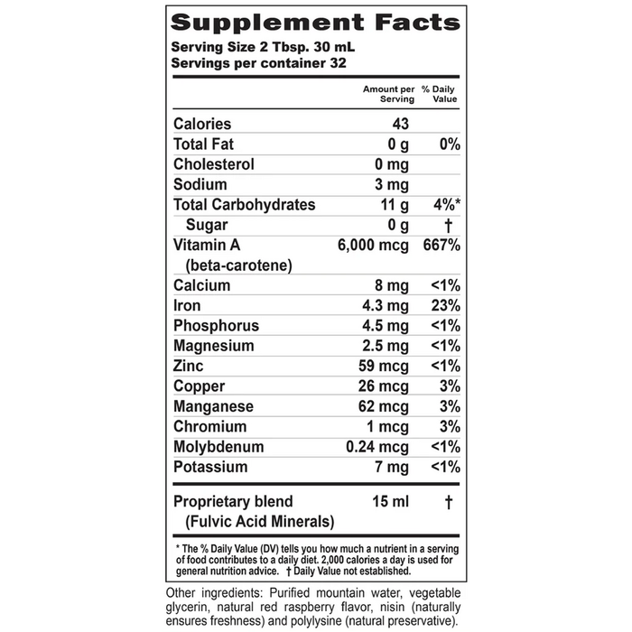 Buried Treasure Fulvic Minerals, Raspberry 33 fl oz supplement facts label