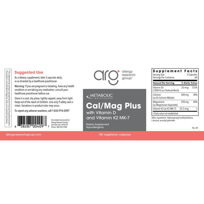 Supplement label for Cal/Mag Plus with Vitamin D and K2 from Allergy Research Group