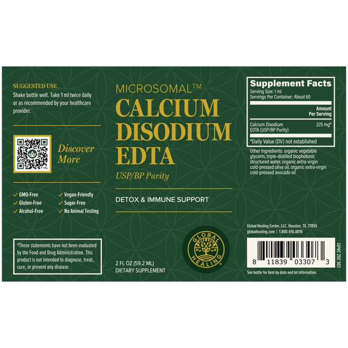 Label of a supplement bottle containing Calcium Disodium EDTA with green background and text.