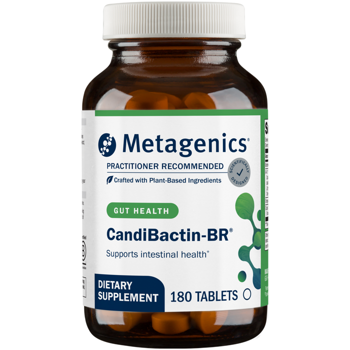 A bottle of Metagenics CandiBactin-BR dietary supplement with 90 tablets, labeled for supporting intestinal health.