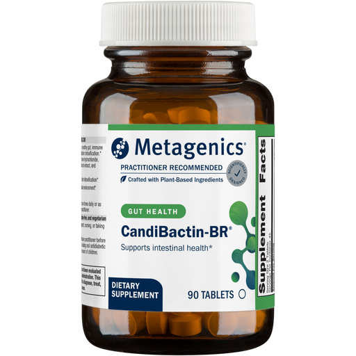A bottle of Metagenics CandiBactin-BR dietary supplement with 90 tablets, labeled for supporting intestinal health.