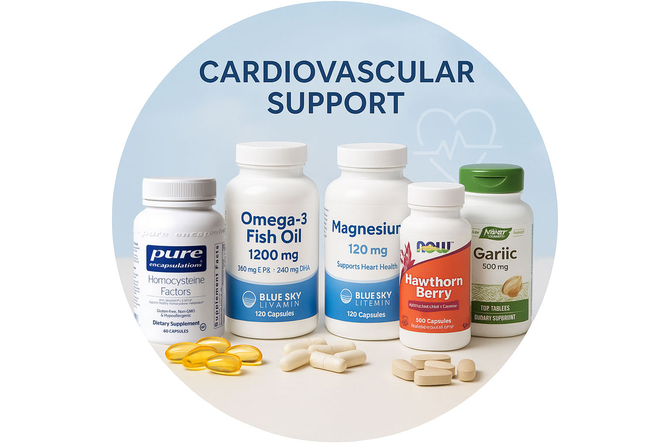Vitamins and supplements for cardiovascular support on a white background with 'Cardiovascular Support' text.