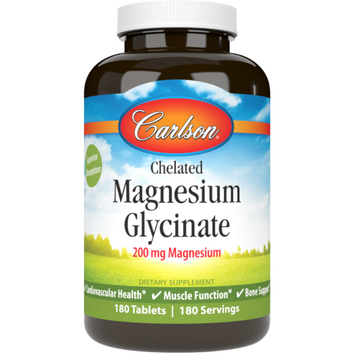 Carlson Labs Chelated Magnesium Glycinate 200 mg, 180 tablets, front of bottle