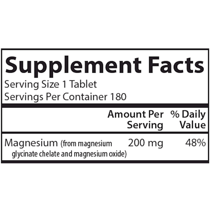 Carlson Labs Chelated Magnesium Glycinate 200 mg 180 tablets supplement facts label
