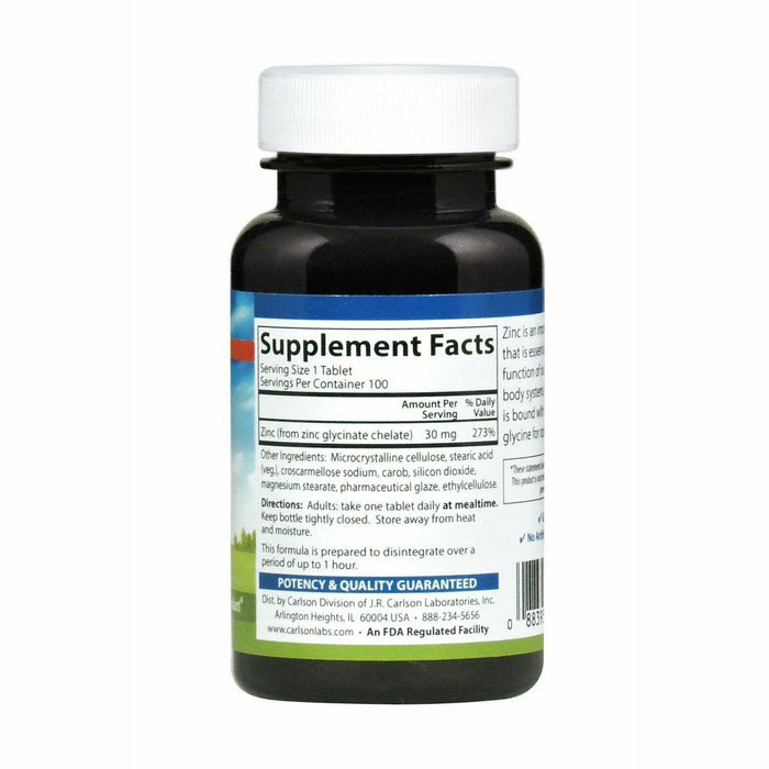 Carlson Labs Chelated Zinc 30 mg 100 tablets supplement facts label
