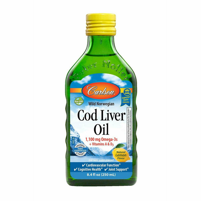 Carlson Labs Cod Liver Oil Liquid Lemon, 250 mL, front of bottle