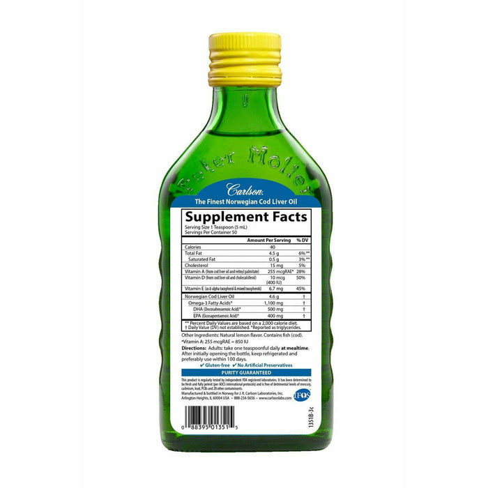 Carlson Labs Cod Liver Oil Liquid Lemon 250 mL supplement facts label