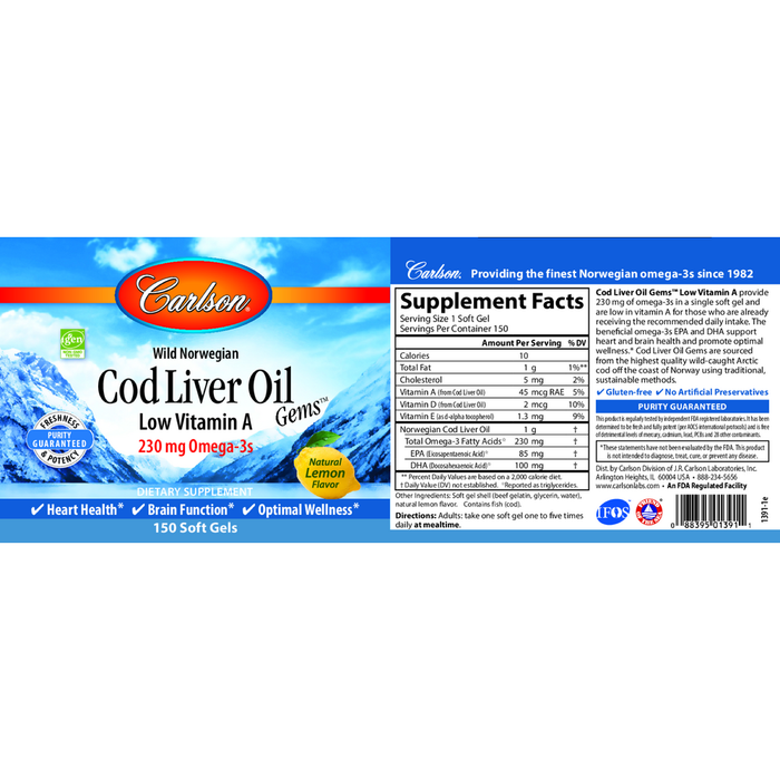 Carlson Labs Cod Liver Oil Low Vit A 1000 mg Lemon 150 softgels full label