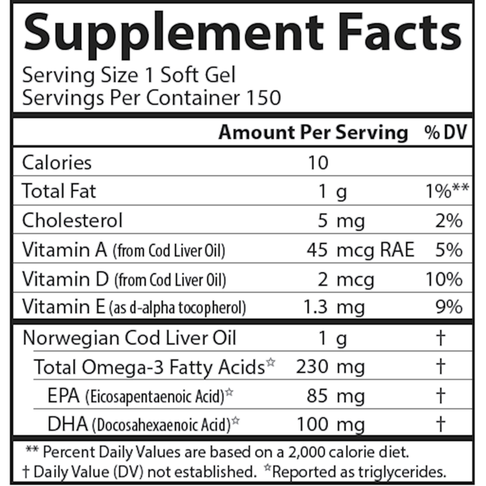 Carlson Labs Cod Liver Oil Low Vit A 1000 mg Lemon 150 softgels supplement facts label