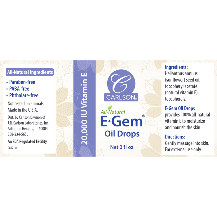 Carlson Labs E-Gem Oil Drops 2 fl oz supplement facts label