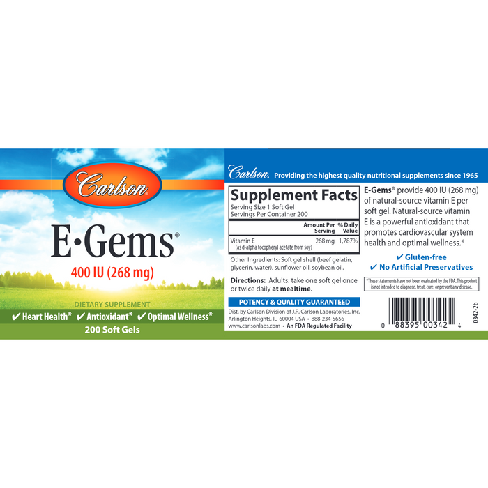 Carlson Labs E-Gems 400 IU 200 softgels supplement facts label