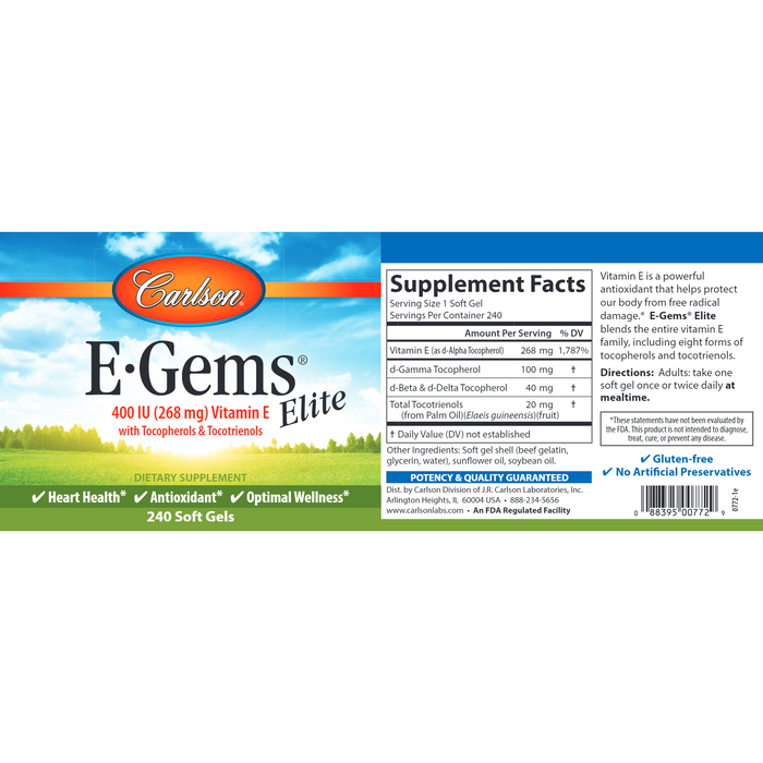 Carlson Labs EGems Elite 400 IU 240 softgels supplement facts label