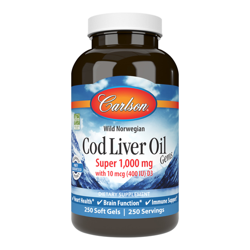 Carlson Labs Super Cod Liver Oil Gems 1,000 mg, 100 softgels, front of bottle