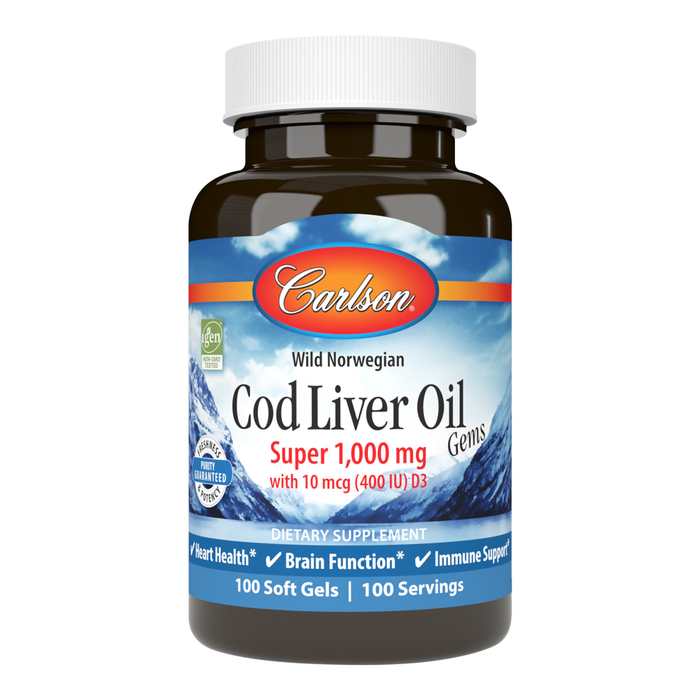 Carlson Labs Super Cod Liver Oil Gems 1,000 mg, 250 softgels, front of bottle