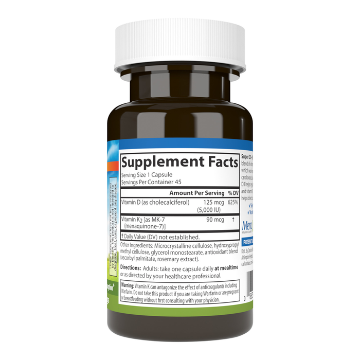 Carlson Labs Super D3 + K2 45 capsules supplement facts label