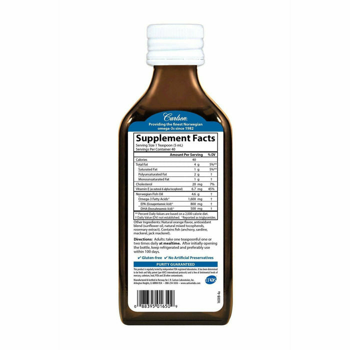 Carlson Labs The Very Finest Fish Oil Liquid Orange 200 mL supplement facts label