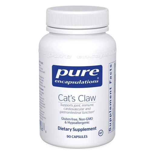 A bottle of Pure Encapsulations Cat's Claw dietary supplement with 90 capsules, marked as gluten-free, non-GMO, and hypoallergenic.