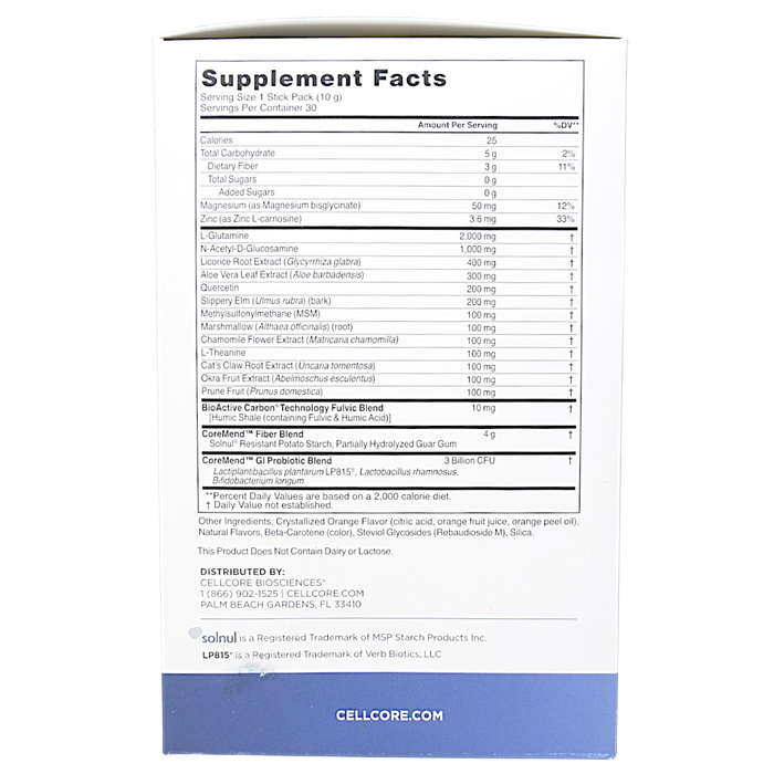CellCore Biosciences CoreMend GI Orange Cream 30 stick packs supplement facts label