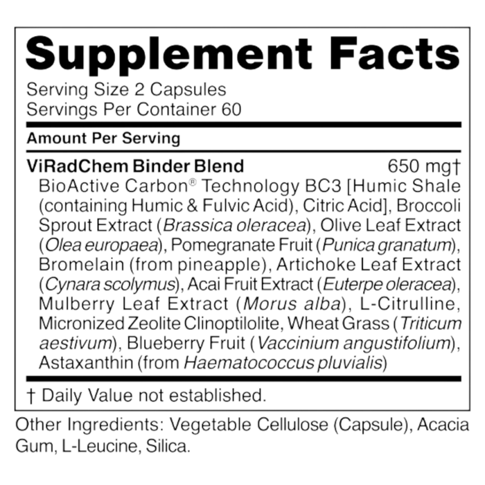 CellCore Biosciences ViRadChem Binder 120 capsules supplement facts label