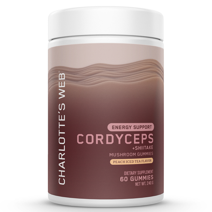Charlotte's Web Energy Support Cordyceps + Shiitake Gummies Peach Iced Tea, 60 gummies, front of bottle