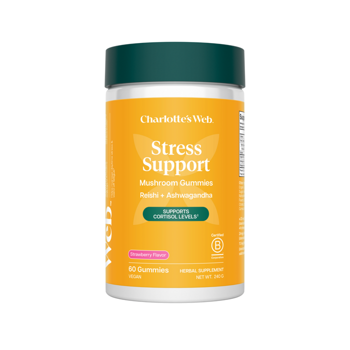 Charlotte's Web Reishi + Ashwagandha Stress Support Gummies Strawberry, 60 gummies, front of bottle
