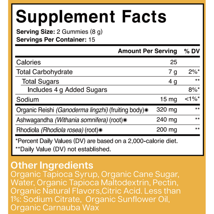 Charlotte's Web Reishi + Ashwagandha Stress Support Gummies Strawberry 60 gummies supplement facts label