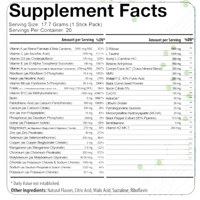 Project AD's Life Insurance 20 stick packs Supplement Facts