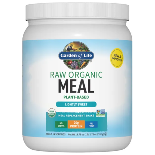 A container of Garden of Life RAW Organic Meal Original, plant-based, lightly sweet, with nutritional information and organic certification logos 14 servings.