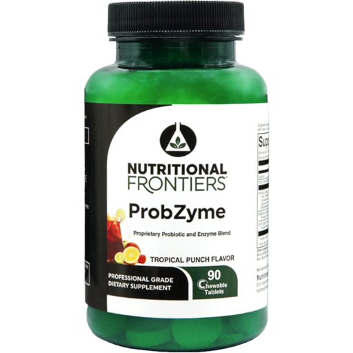 A bottle of Nutritional Frontiers ProbZyme chewable tablets with grape flavor, containing 90 vegetarian capsules.